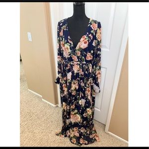 Papaya Blue Floral Print Long Sleeve Maxi Dress